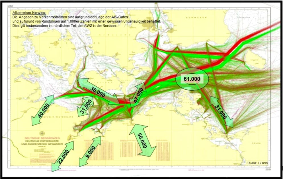 Wichtige Wasserstrassen: Verkehrsströme in der Ostsee 2019. Insgesamt sind 327'000 Schiffsbewegungen dargestellt.