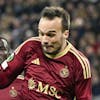 Viktoria Plzen's forward Tomas Chory, left, fights for the ball with Servette's forward Jeremy Guillemenot, right, during the UEFA Europa Conference League round of 16 first leg soccer match between Switzerland's Servette FC and Czech Republic's of FC Viktoria Plzen, at the Stade de Geneve stadium, in Geneva, Switzerland, Thursday, March 7, 2024. (KEYSTONE/Martial Trezzini)