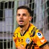 Uran Bislimi, left, celebrates his goal against Winterthur's goalkeeper Markus Kuster, right, during the Super League soccer match FC Lugano against FC Winterthur, at the Cornaredo Stadium in Lugano, Thursday, May 16, 2024. (Keystone/Ti-Press/Samuel Golay)