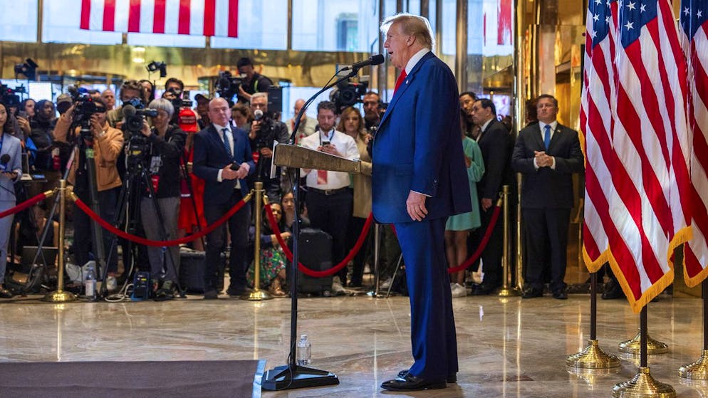 Ex-Präsident und verurteilter Straftäter: Donald Trump am Tag nach dem Schuldspruch im Schweigegeldprozess bei einer Medienkonferenz im Trump Tower in Manhattan. (31. Mai 2024)