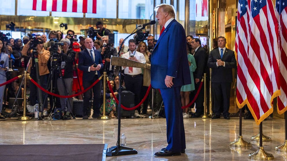 Ex-Präsident und verurteilter Straftäter: Donald Trump am Tag nach dem Schuldspruch im Schweigegeldprozess bei einer Medienkonferenz im Trump Tower in Manhattan. (31. Mai 2024)