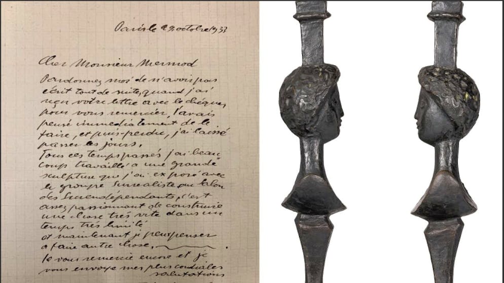 Alberto Giacometti scrive a Henry-Louis Mermoud, acquirente della sua opera. A destra, un dettaglio della lampada.