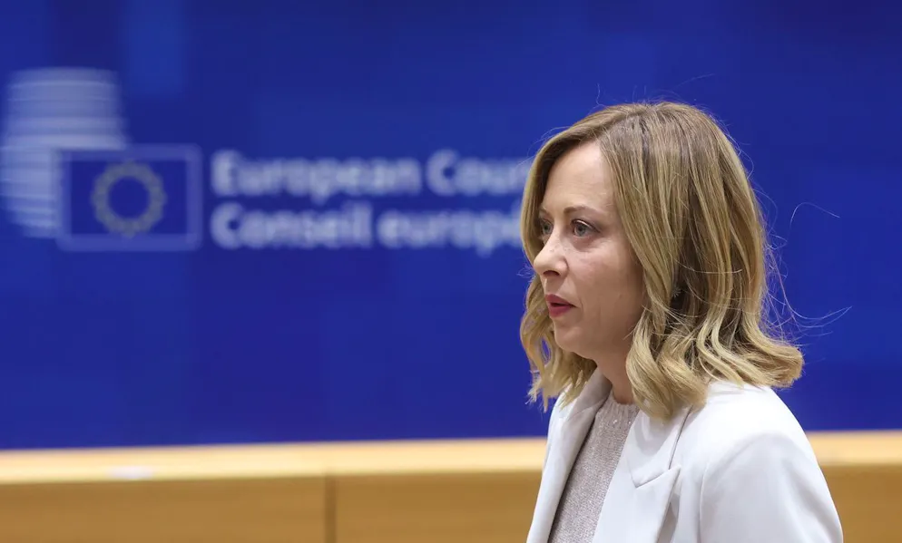 Giorgia Meloni durante una riunione informale del Consiglio europeo a Bruxelles, Belgio, 17 giugno 2024.