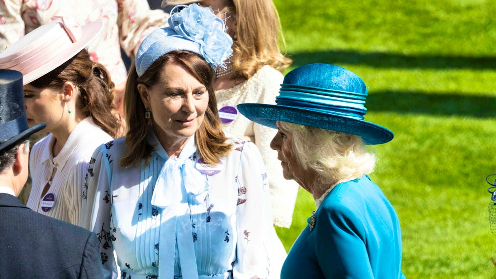 Royal Ascot: Prince William stands in for ailing King Charles. I wonder what they had to say to each other? Carole Middleton, Princess Kate's mother, in conversation with Queen Camilla.