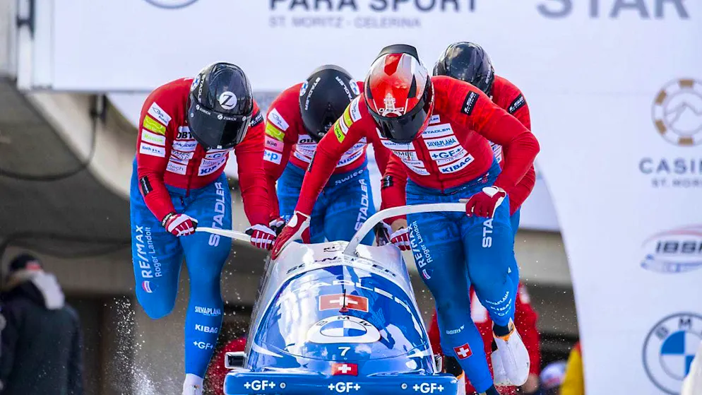 The Swiss four-man bobsleigh with pilot Michael Vogt at the 2023 home World Championships in St. Moritz.