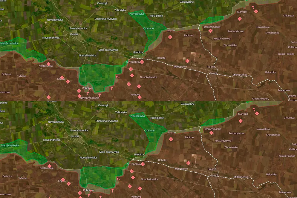The front near Robotyne on June 1 (top) and June 19 (bottom).