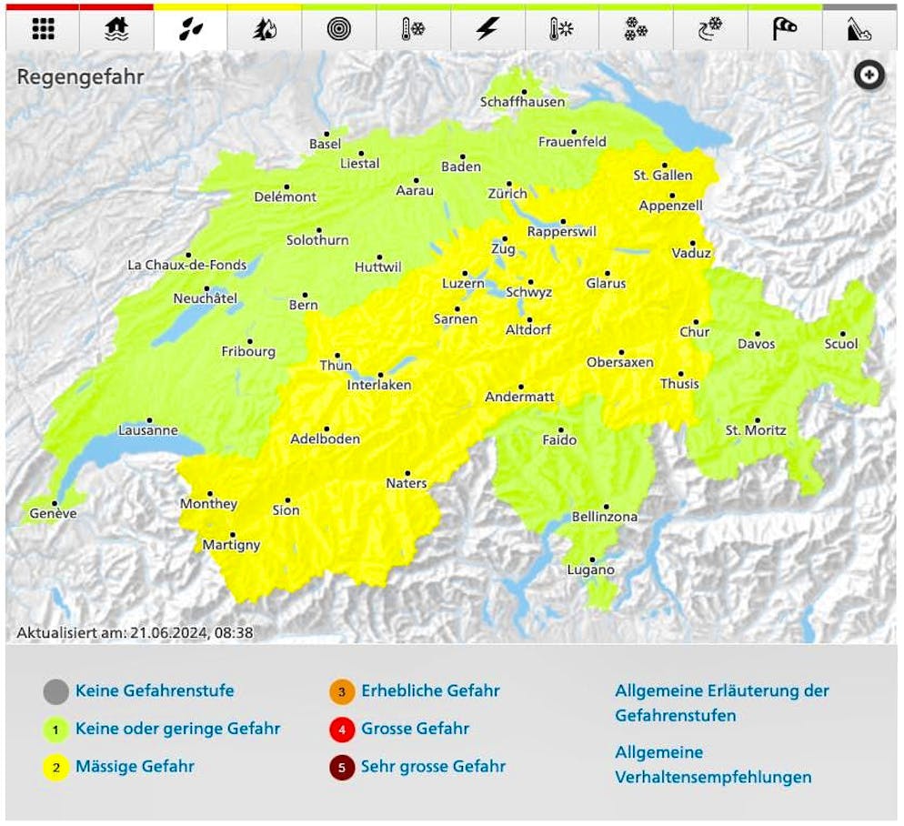 In the area marked in yellow, there is a "moderate risk" of rain.