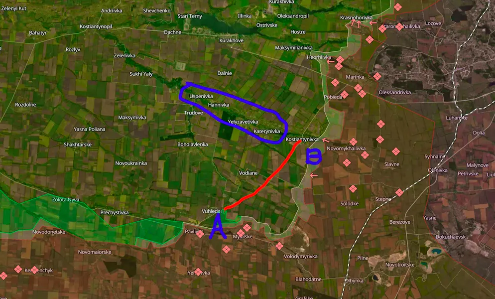 If the Russian army captures Konstyantynivka (B), it will disrupt the supply route (red line) to Wuhledar (A). West of Konstyantynivka, villages (circled in blue) impede further Russian advances to the west.