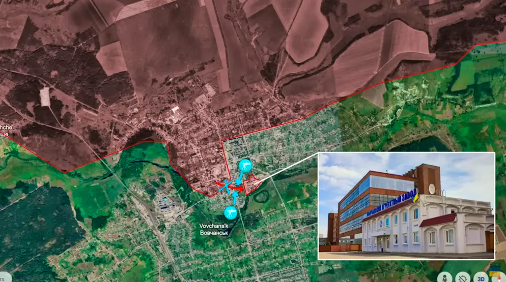 Location of the cut-off industrial area in Vochansk, where many Russians are said to be trapped.
