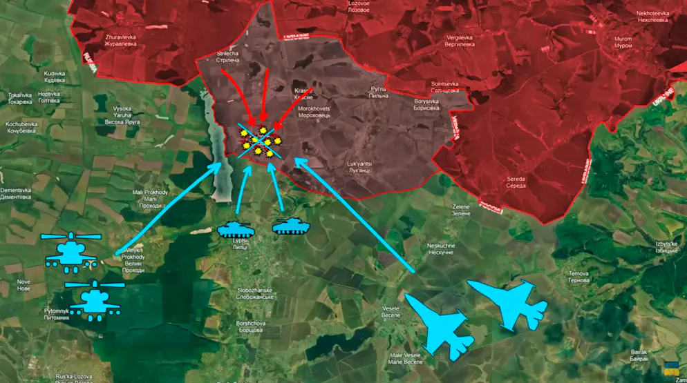 From Lizy, mechanized Ukrainian units with air support attack enemy infantry in Hylboke.