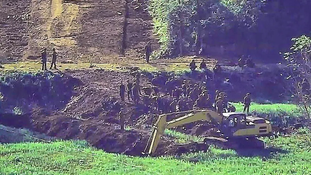 In an undated image provided by the South Korean Ministry of Defence on 18 June 2024, North Korean soldiers can be seen carrying out construction work within the demilitarized zone (DMZ).