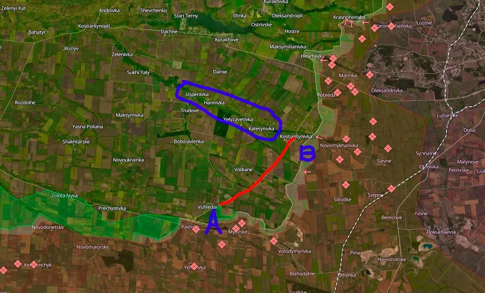 Se l'esercito russo cattura Konstyantynivka (B), interromperà la via di rifornimento (linea rossa) per Wuhledar (A). A ovest di Konstyantynivka, i villaggi (cerchiati in blu) impediscono ulteriori avanzamenti russi verso ovest.
