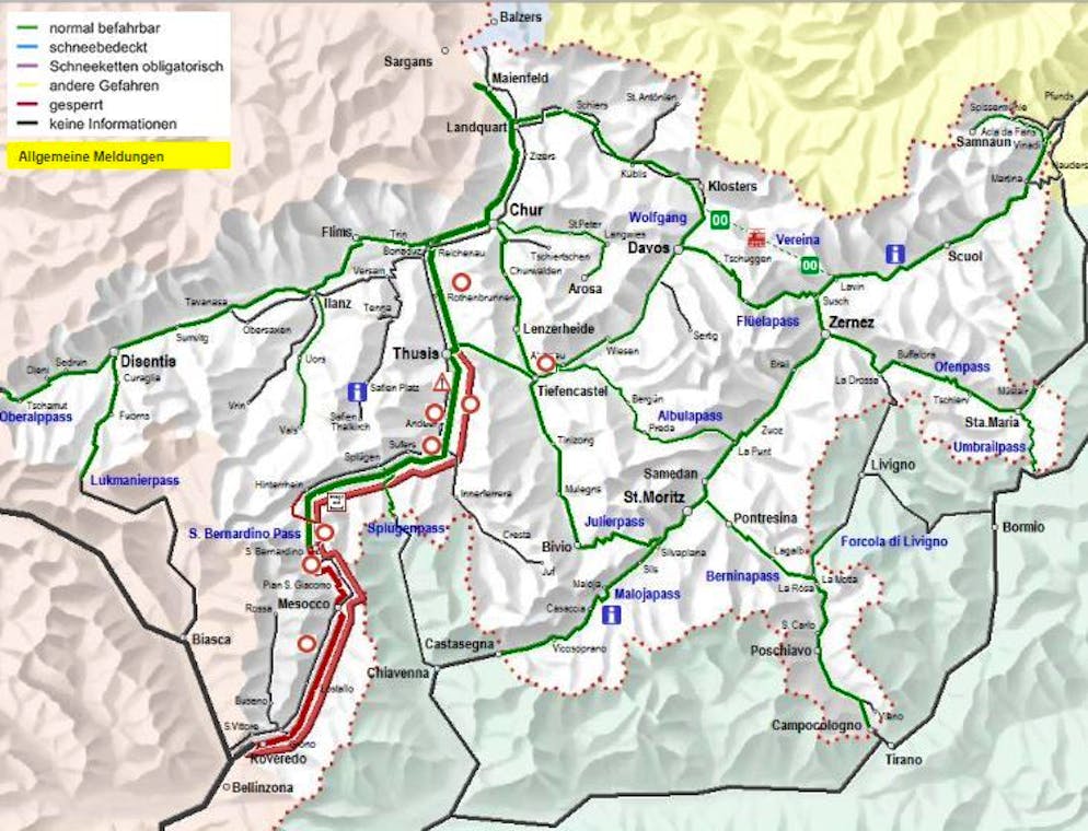 La A13 è la strada italiana H13 sono state chiuse in entrambe le direzioni tra San Vittore e il portale nord della galleria del San Bernardino.