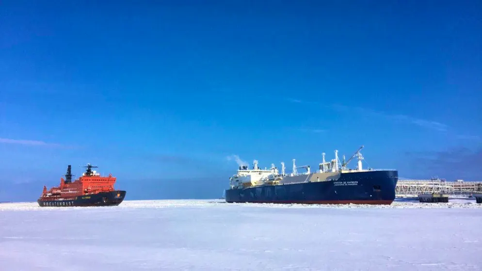 ARCHIVE - The gas tanker "Christophe de Margerie" (right) is moored in the port of Sabetta on the Yamal Peninsula in northern Russia. Photo: Friedemann Kohler/dpa