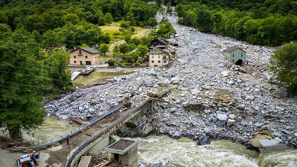 View of the village of Sorte in Misox, where a mudslide destroyed three houses on Friday evening.