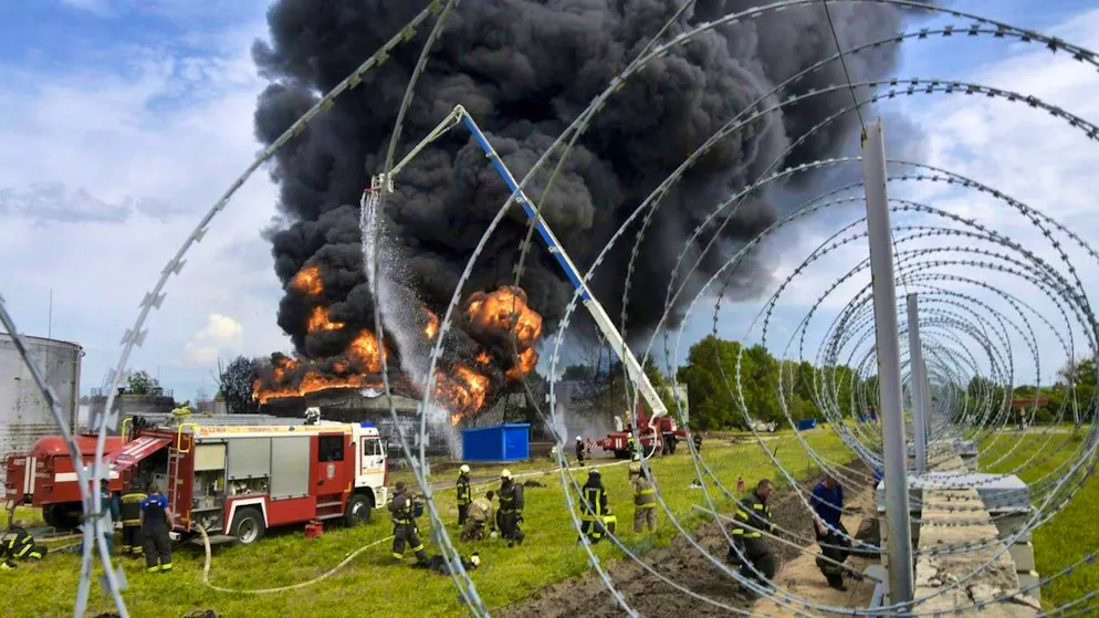 Firefighters extinguish a fire after an attack on a fuel depot in Voronezh. (June 24, 2023)