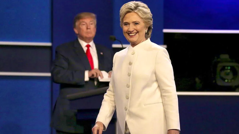 Hillary Clinton (right), the former US Secretary of State, on October 19, 2016 during the last of three TV debates in the presidential election campaign against Donald Trump.