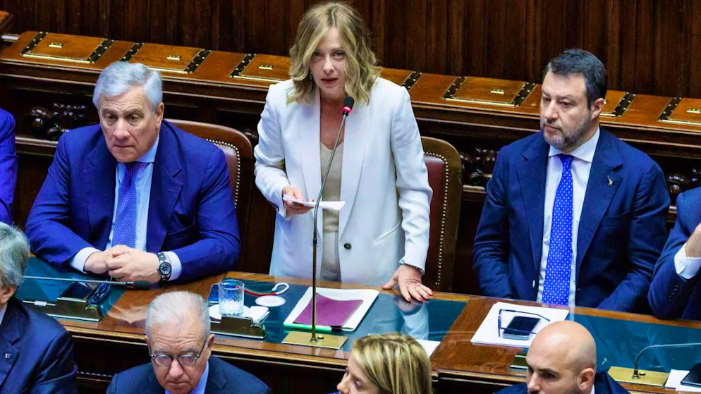 Italian Prime Minister Giorgia Meloni speaks in the Chamber of Deputies during a debate on the next European Council on June 27 and 28. Photo: Roberto Monaldo/LaPresse via ZUMA Press/dpa