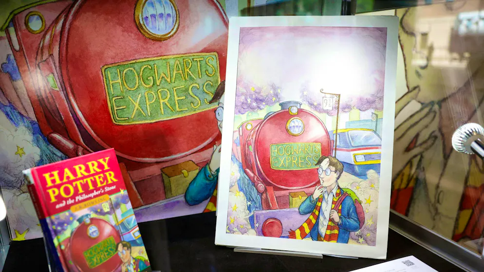The original cover of "Harry Potter and the Philosopher's Stone" at an auction house preview.