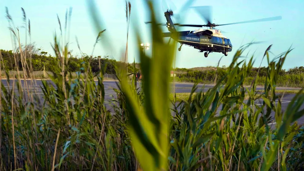 Joe Biden's Marine One helicopter takes off from Rehoboth Beach, Delaware, on June 20 to bring the President to Camp David via Dover.