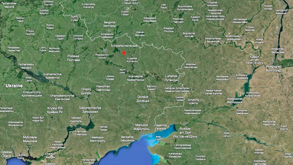 Lage des Dorfes Schewtschenkowe bei Charkiw.