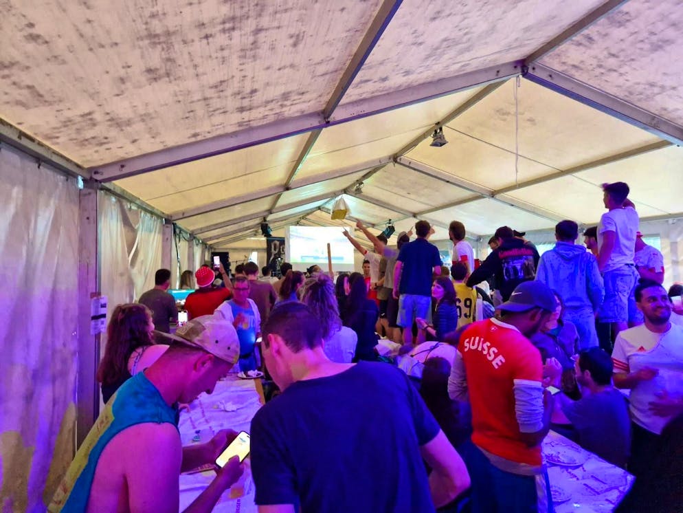 Evacuation from Piano di Peccia in the rear Maggia Valley. Exuberant atmosphere during the Switzerland-Italy match.