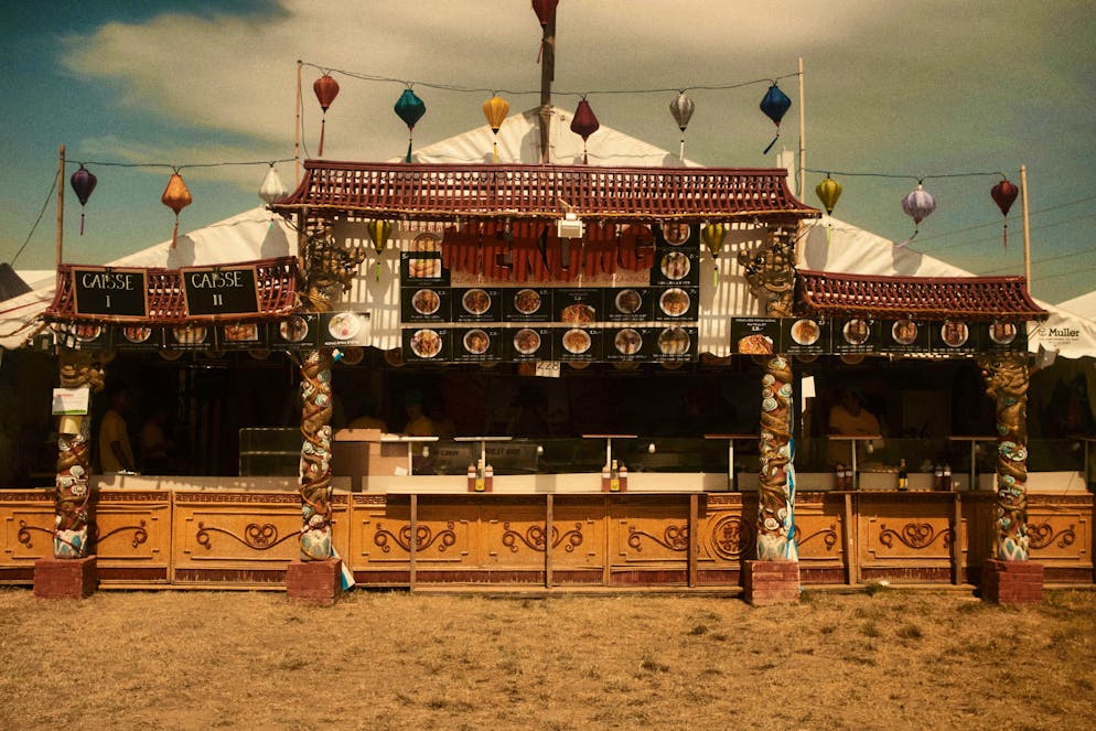 Paléo - the biggest and most beautiful open-air festival in Switzerland. The festival's cash registers have an Asian touch to their decor.