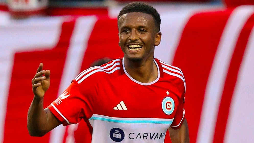 Switzerland's Maren Haile-Selassie - pictured here in October celebrating a goal with Xherdan Shaqiri - has been converted from defender to striker in the USA and has recently scored four times in a row.