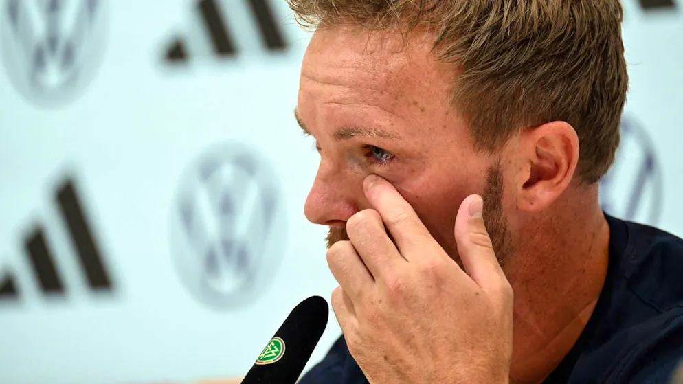Julian Nagelsmann can't hold back the tears at the press conference after the quarter-final defeat.
