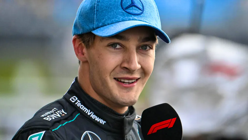 Thumbs up: George Russell starts Sunday's home GP at Silverstone from pole position