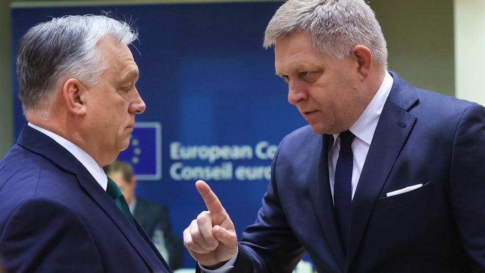 Ungarns Premier Viktor Orban (links) und sein slowakischer Amtskollege Robert Fico im Februar in Brüssel.