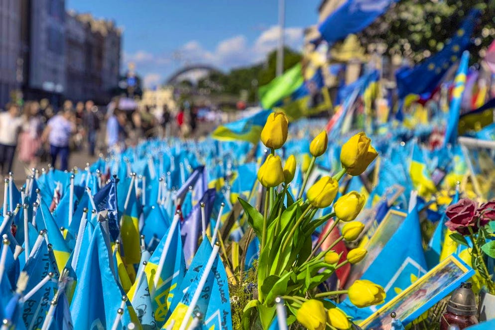 June 25 in Kiev: tulips and flags commemorate fallen soldiers.