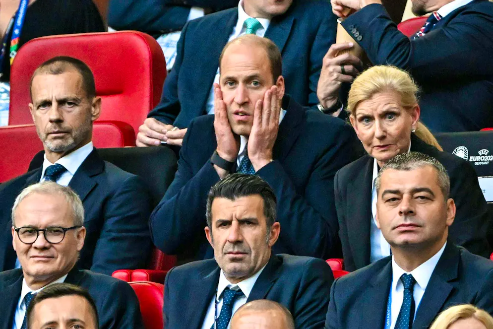 Prince William at the England-Switzerland match. Prince William cheers on England in the quarter-finals at the stadium in Düsseldorf.