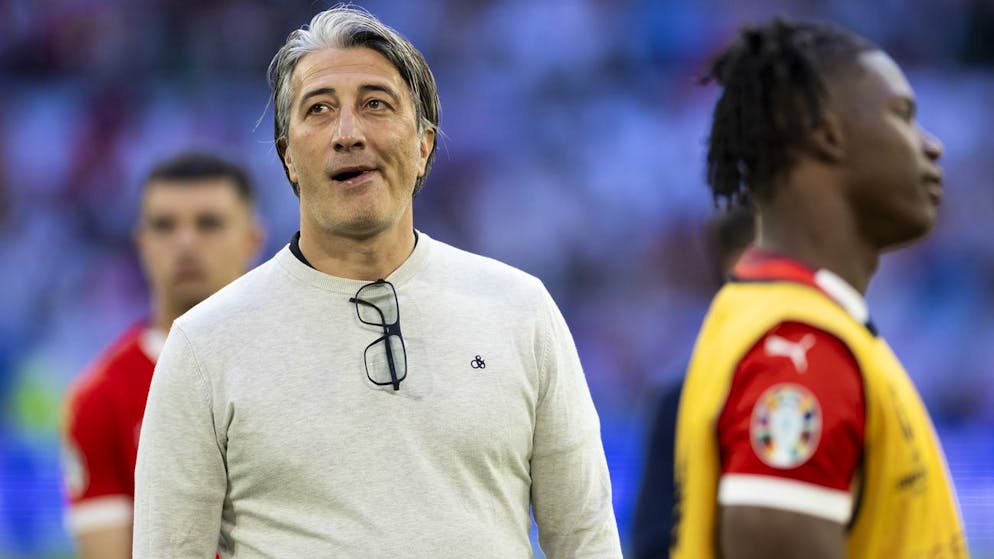 Switzerland's head coach Murat Yakin is disappointed after losing the penalty shoot-out of the quarter final match between England and Switzerland at the Euro 2024 soccer tournament in Duesseldorf, Germany, Saturday, July 6, 2024. (KEYSTONE/Peter Klaunzer)