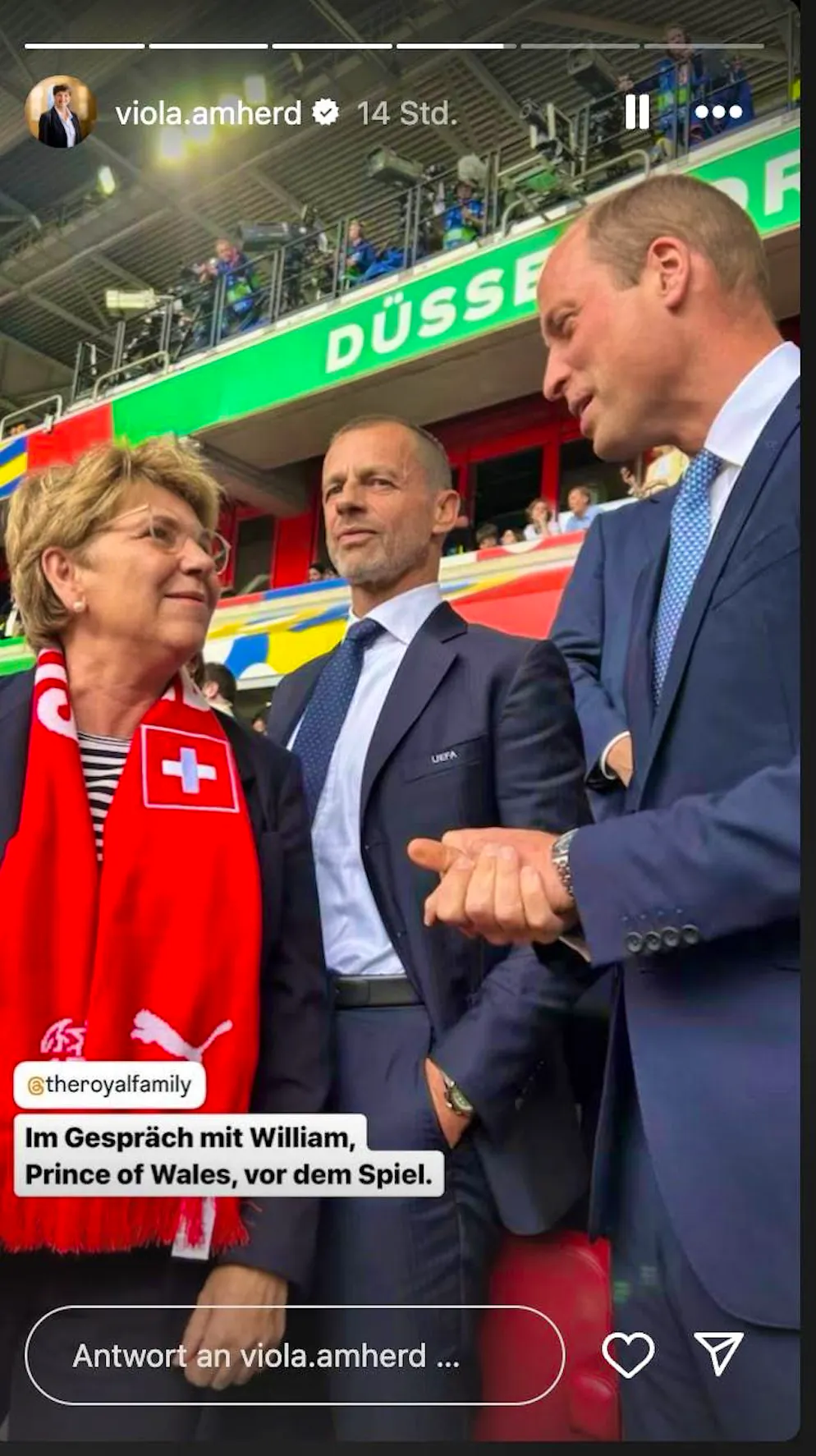 Prince William at the England-Switzerland match. Beforehand, he has a chat with the President of the Swiss Confederation, Viola Amherd.