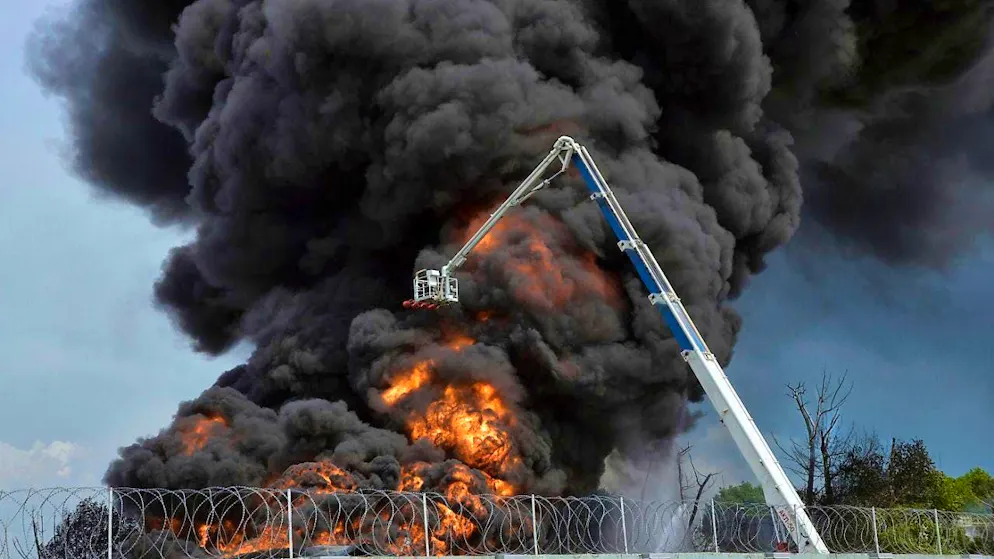 ARCHIVE - Firefighters working to extinguish a fire after an explosion was reported at a fuel depot about 460 kilometers south of Moscow. Photo: Andrey Arxipov/Kommersant Publishing House/AP/dpa