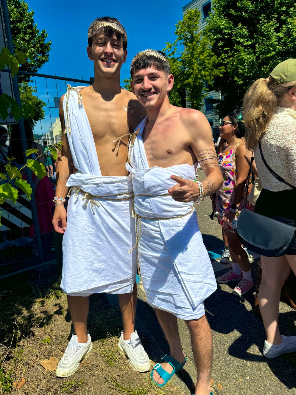 The best outfits at the Taylor Swift concert. Two fans pose as Romans before Taylor Swift's concert in Zurich on Tuesday, July 9, 2024. 