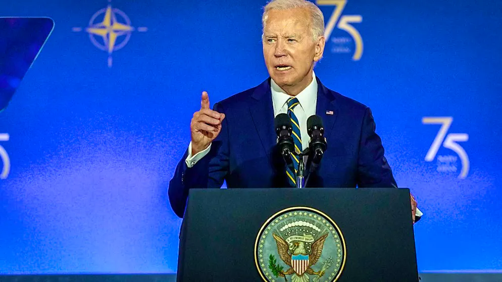 US President Joe Biden speaks at the celebrations for the 75th anniversary of NATO. The NATO summit will last until 11.07.2024. Photo: Kay Nietfeld/dpa