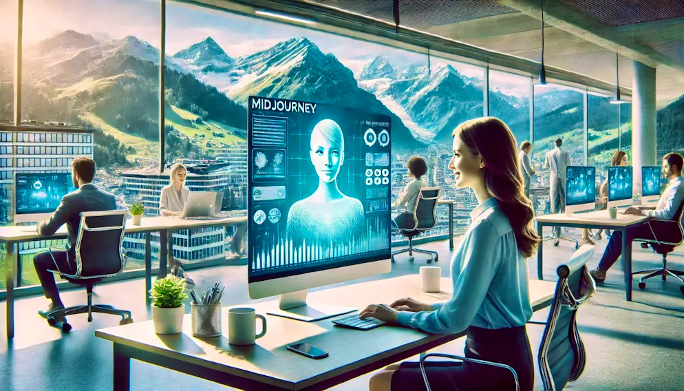 The symbolic image shows a scene in a Swiss office in which a woman is creating a picture with Midjourney on a computer. It also signals the relaxed attitude of the Swiss towards the use of AI in everyday working life.