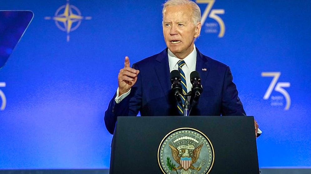 US-Präsident Joe Biden spricht bei den Feierlichkeiten zum 75. Jubiläum der Nato. Der Nato-Gipfel dauert bis zum 11.07.2024. Foto: Kay Nietfeld/dpa