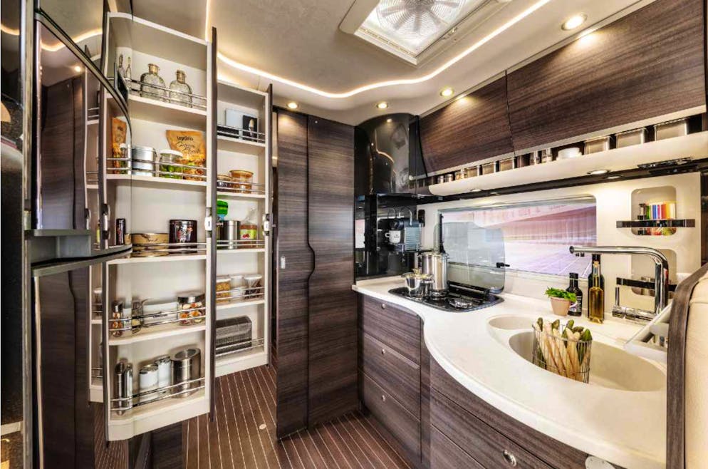 Stefan Mross now lives in the luxury Lovemobile.  This is what the kitchen looks like.