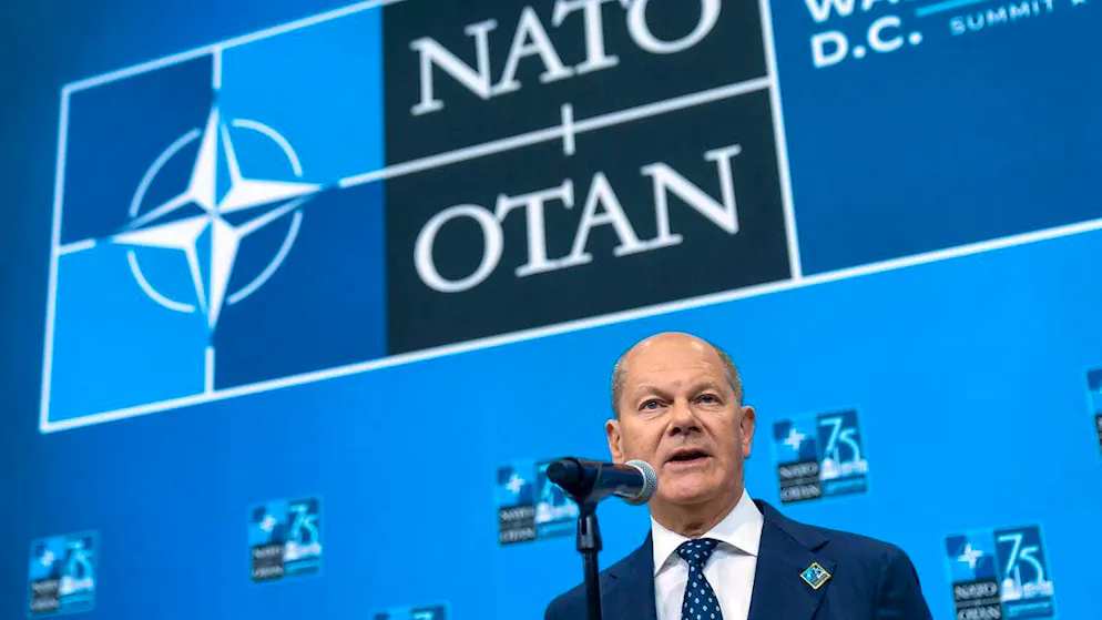 Olaf Scholz (SPD), Chancellor of Germany, speaks on his arrival at the NATO summit. Photo: Mark Schiefelbein/AP/dpa