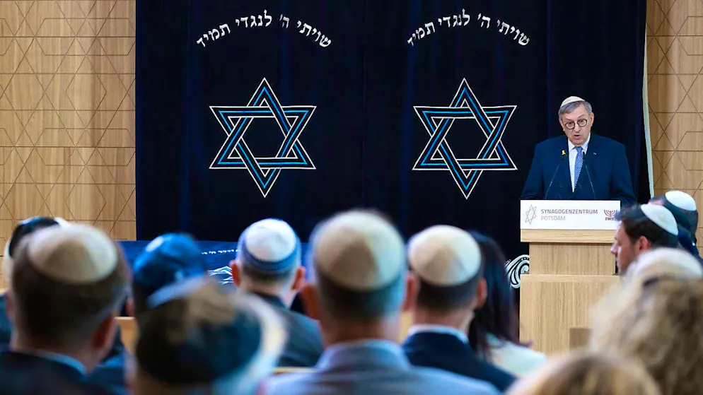 The Vice President of the Central Council of Jews in Germany, Abraham Lehrer, gives a speech at the opening of a synagogue in Potsdam in July. According to an EU survey, anti-Semitism unsettles many Jews in Europe.