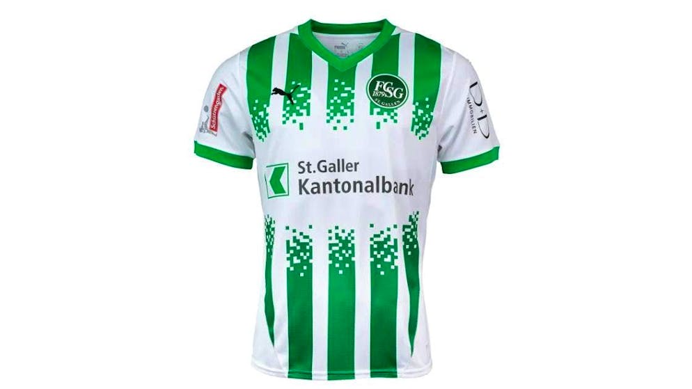 The kits of the Super League clubs 2024/25. FCSG has opted for pixels and its tried-and-tested green and white for the home kit.