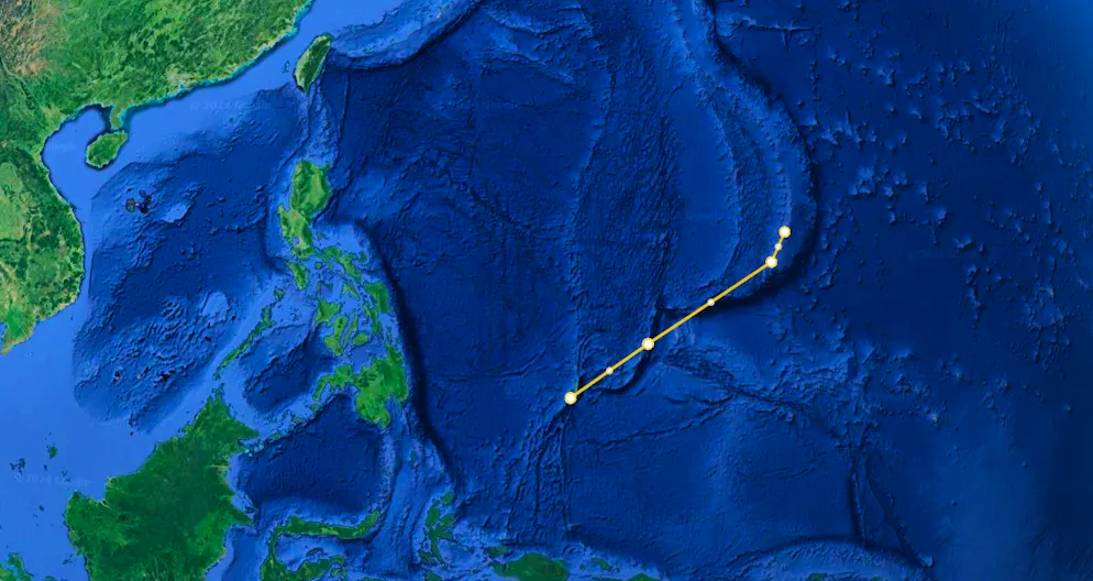 String of pearls of US island airports: (Large dots from top to bottom) Tinian, Guam, Yap and Peleliu.
