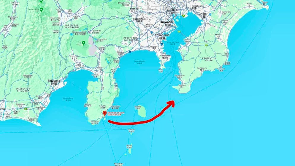 The woman drifts from Shirahama-Ohama Beach past Oshima Island towards the Chiba Peninsula.