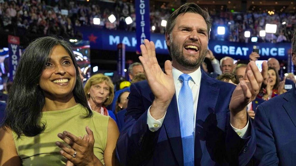 Republicans celebrate J.D. Vance, the senator from Ohio with whom Donald Trump is campaigning - and his wife Usha Chilukuri Vance - at the party convention in Milwaukee on Monday.