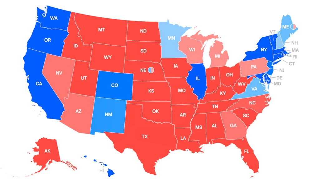 Der Attentatsversuch auf Ex-Präsident Donald Trump hat seine Chancen auf einen Wahlsieg erheblich gesteigert. Polymarket, der weltweit grösste Prognosemarkt, zeigt, dass aktuell nur 12 der insgesamt 50 Staaten demokratisch wählen würden.