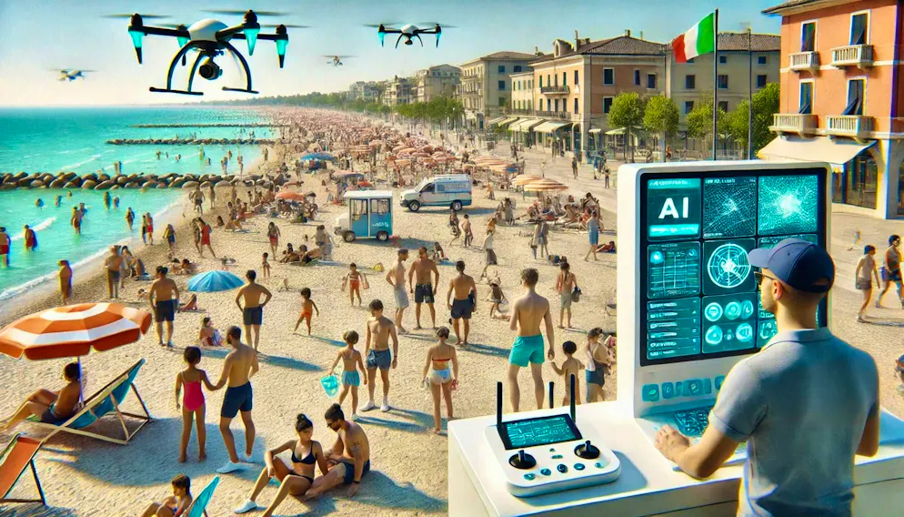 The symbolic image shows a modern beach scene in Rimini. It shows families with children - and a lifeguard operating a control center with state-of-the-art technology and AI.
