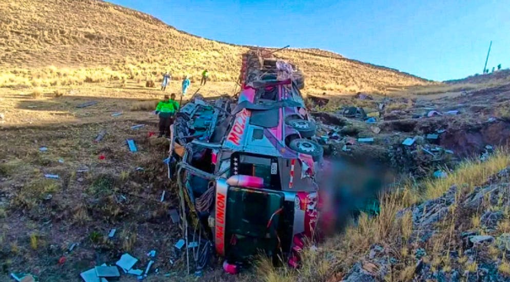 The bus involved in the accident in Peru. 